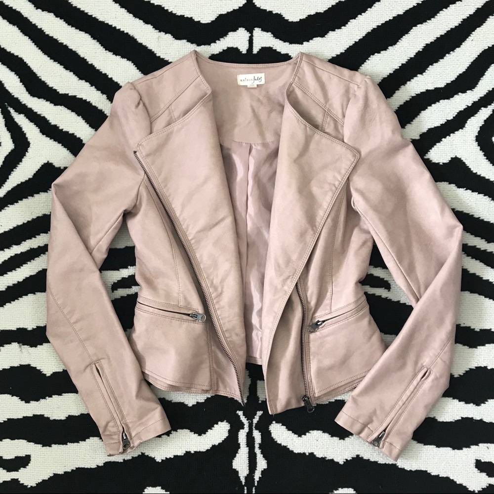 Maison Jules Asymmetrical Faux Leather  Blush Pink Moto Jacket Coat
